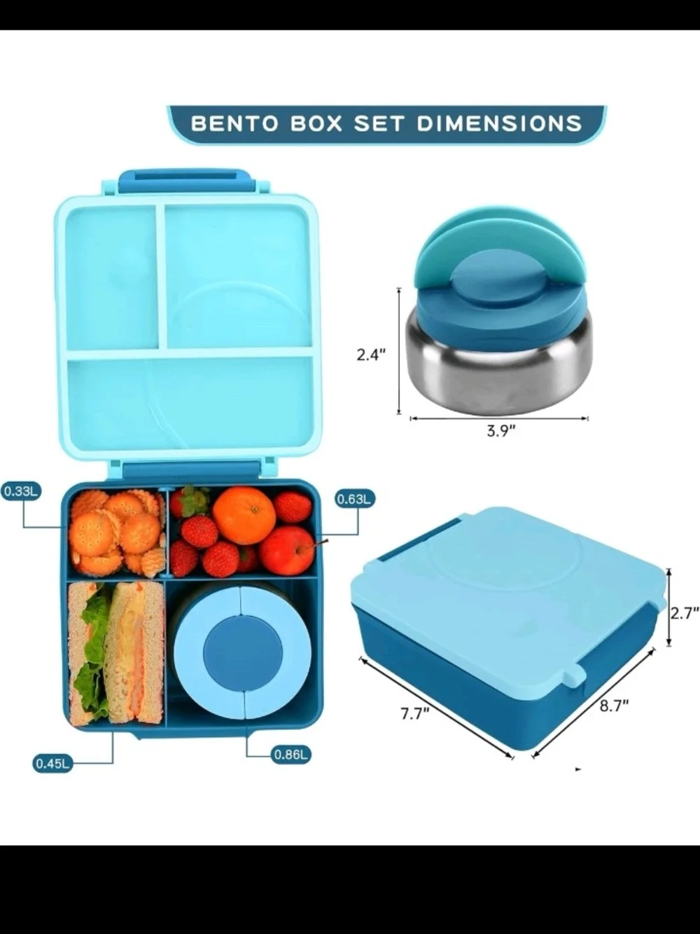 Light Blue 4-Compartment Bento Lunch Box with Removable Round Sauce Cup